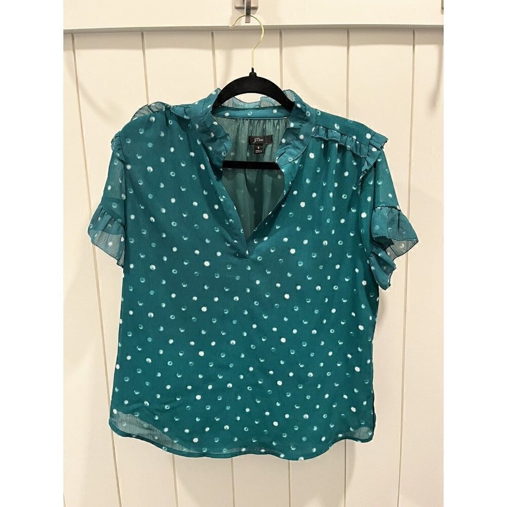 J Crew Polka Dot Sheer Short Sleeve Shirt Women’s Size Small Ruffle Emerald EUC